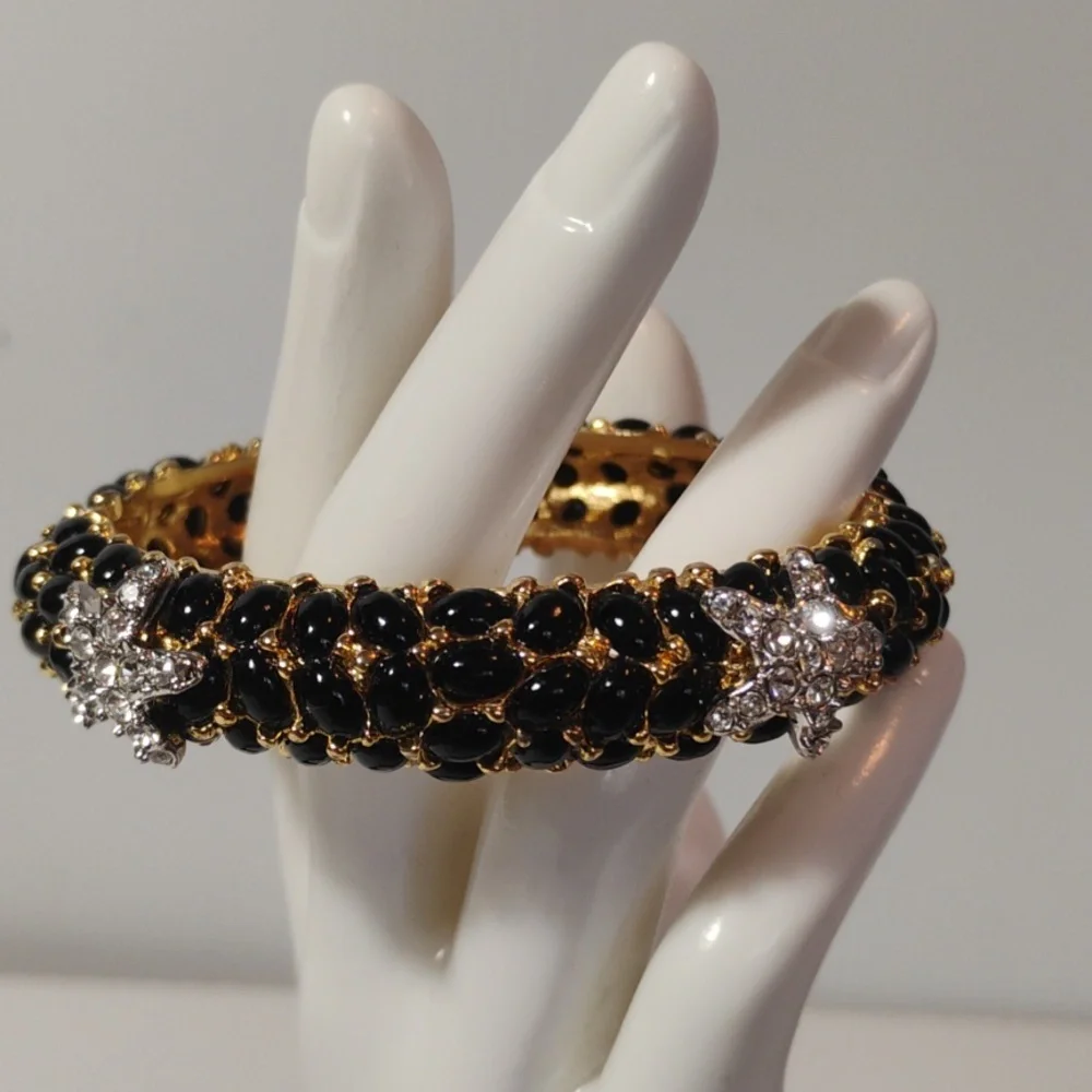 Kenneth Jay Lane Bangle Bracelet featuring black cabochons and crystal starfish - Picture 2 of 8